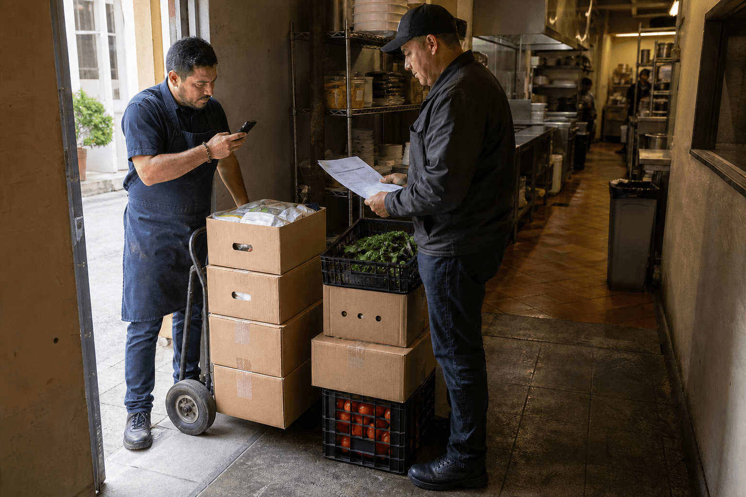 Equipo de restaurante verificando una recepción