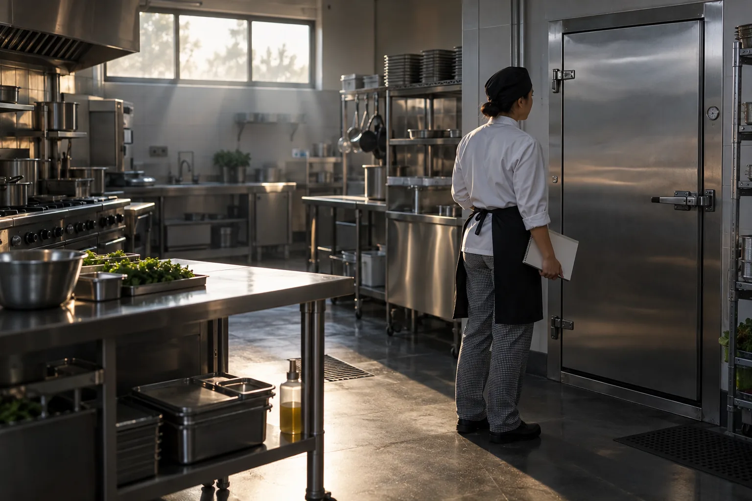 Encargado revisando la cocina en penumbra antes de abrir el turno, con cuaderno en blanco y cámaras frigoríficas de acero