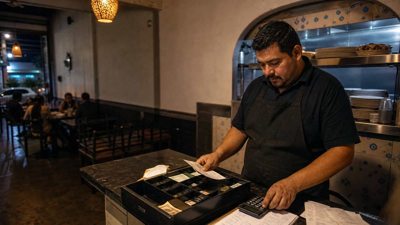 Closing manager counting the open till drawer with receipts and calculator during the night close in a restaurant