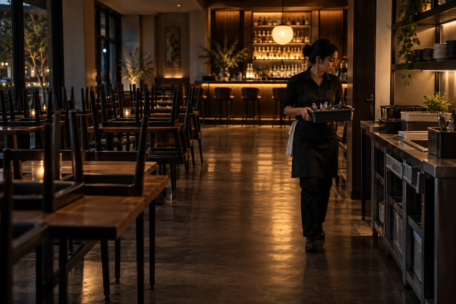 Persona del turno de noche recorriendo el salón vacío con sillas sobre las mesas durante el cierre del restaurante