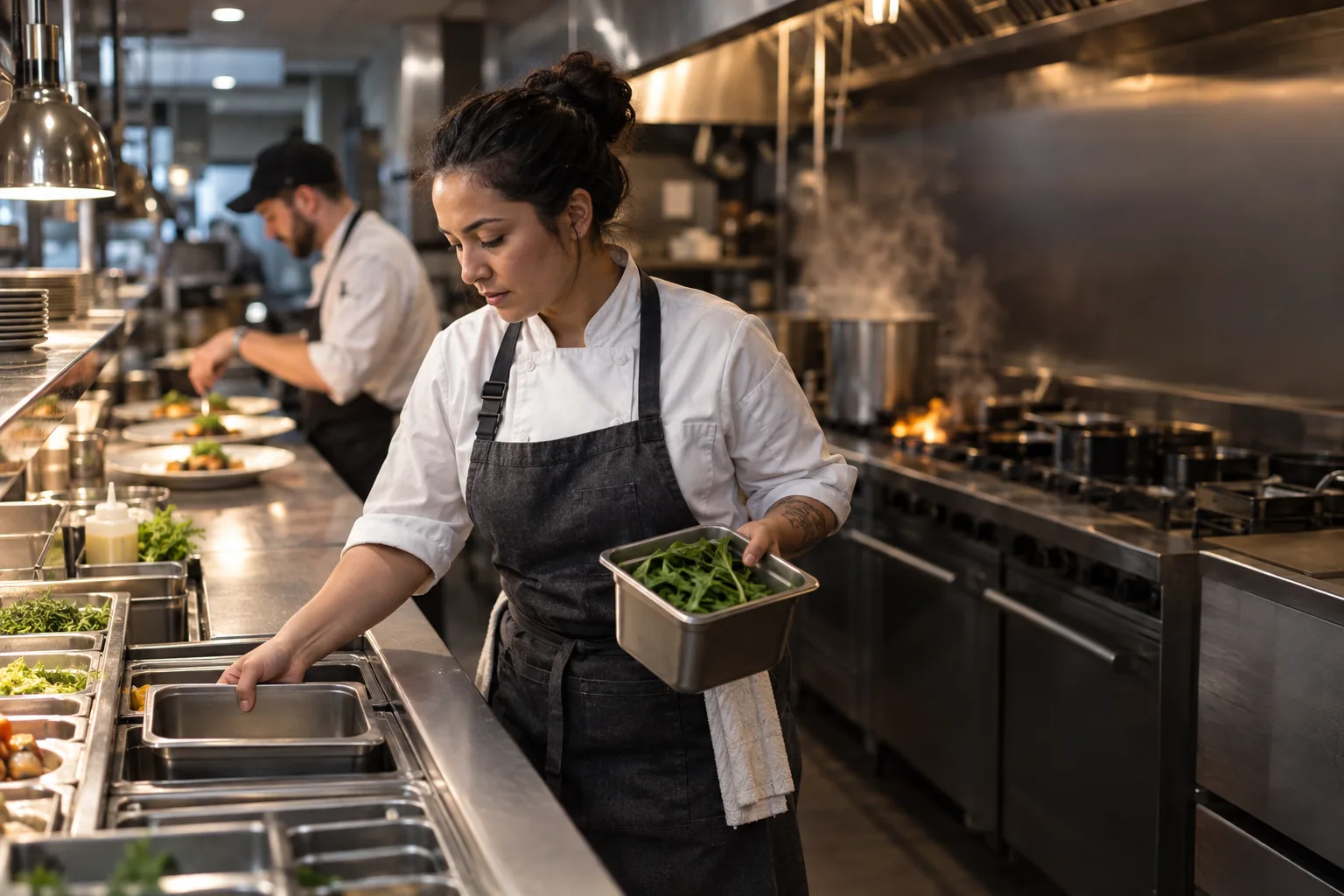 Cocinero frente a un contenedor vacío sosteniendo una alternativa durante un faltante en plena línea de servicio