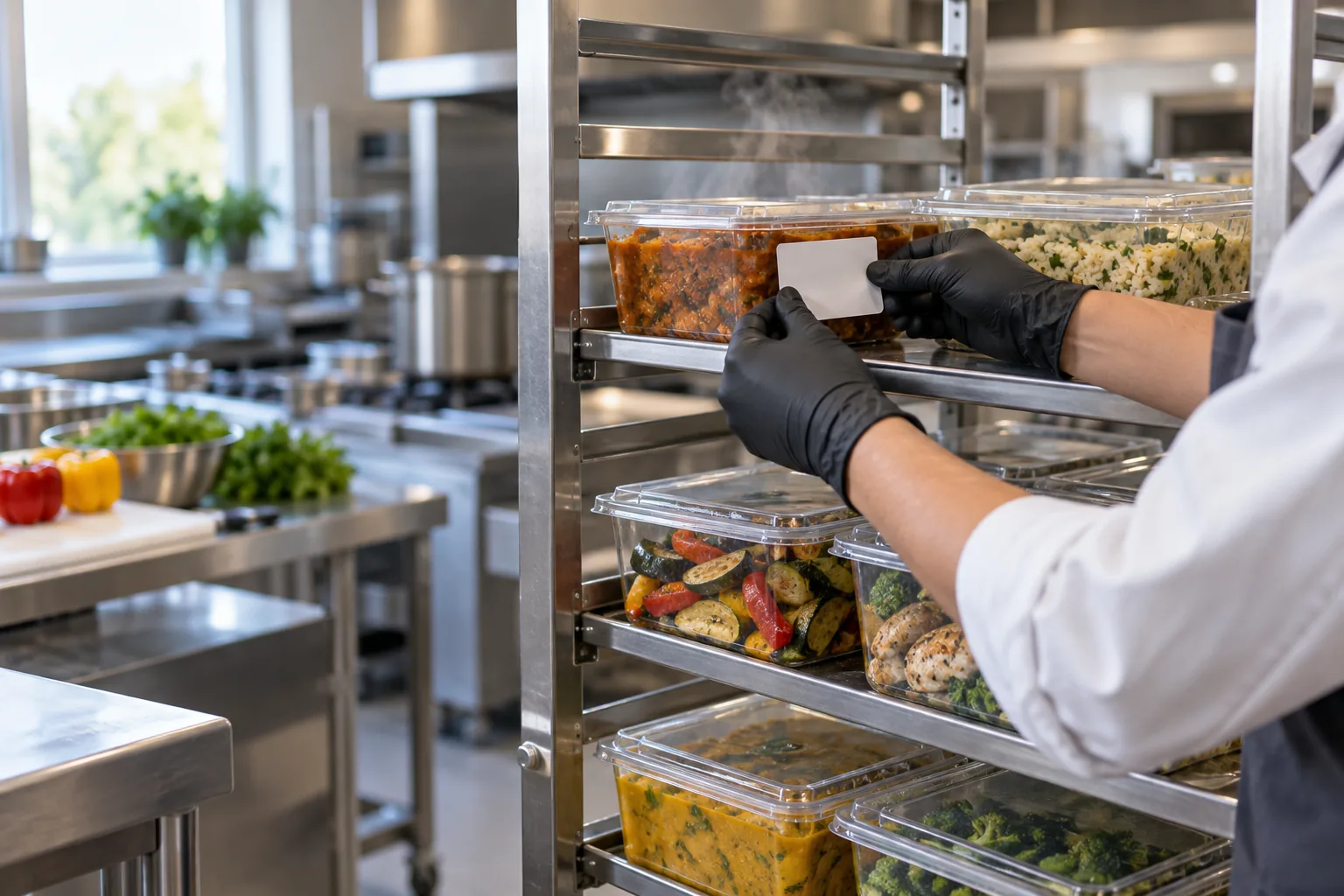Persona colocando una etiqueta en blanco en bandejas de una tanda recién preparada en la cocina del restaurante