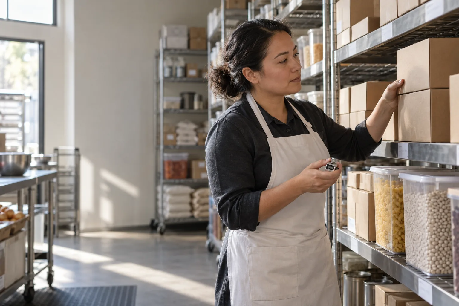 Persona de compras contando cajas en el depósito seco del restaurante para revisar el punto de reposición