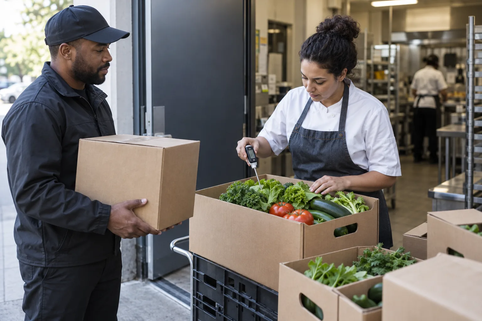 Persona con delantal midiendo la temperatura de vegetales en la recepción de mercadería de un restaurante